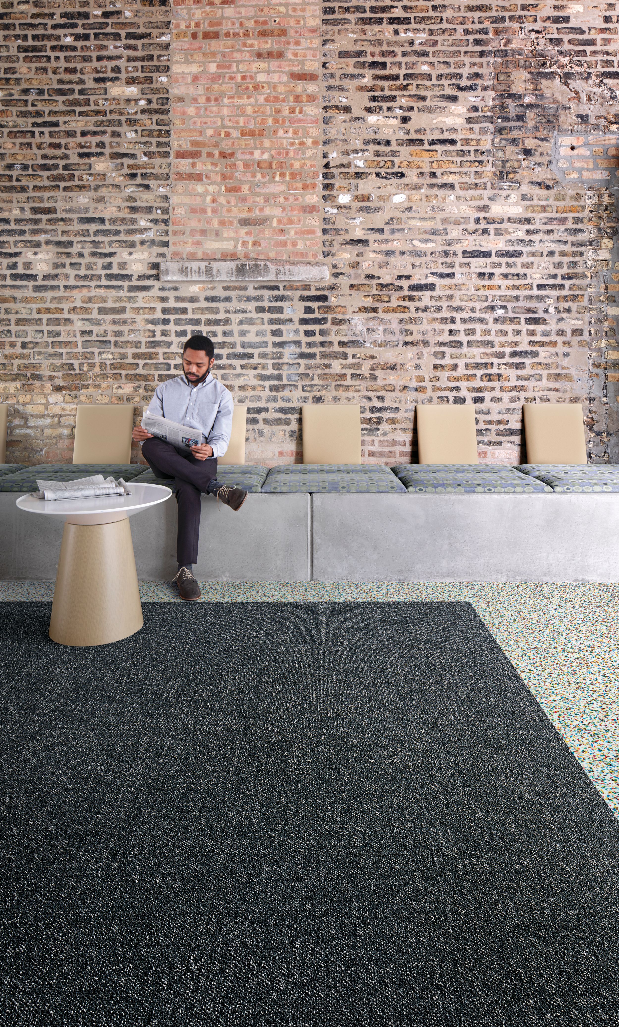 Interface Step it Up and Walk on By carpet tile in sitting area with bench and table  image number 5